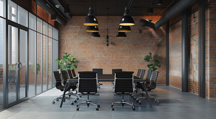 conference room is brightened by natural light streaming through large windows