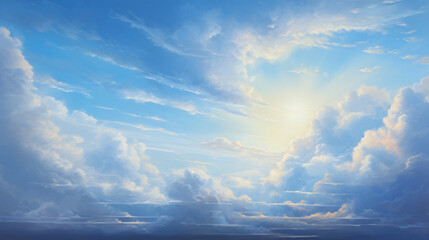 Oil painting of a bright blue sky with white clouds 