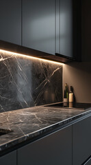 Fototapeta na wymiar A modern kitchen showcases sleek black cabinets against striking marble wall panels