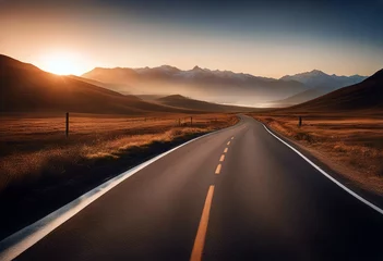 Foto op Plexiglas Asphalt road and mountains with foggy landscape at sunset stock photo © mohamedwafi