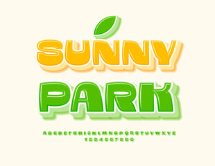 Vector Eco Poster Sunny Park with decorative Leaf. Unique Green Font. Cute Glossy Alphabet Letters and Numbers set.