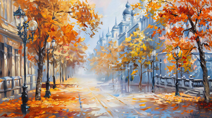 Oil painting of a city in autumn scenic landscape 