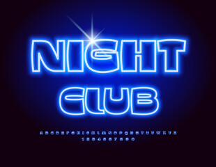 Vector entertainment Banner Night Club. Modern Glowing Font. Cool Blue Alphabet Letters, Numbers and Symbols set.