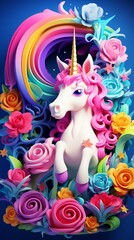 Enchanting 3D cartoon cute unicorn casting magic spells surrounded by swirl of colorful flowers