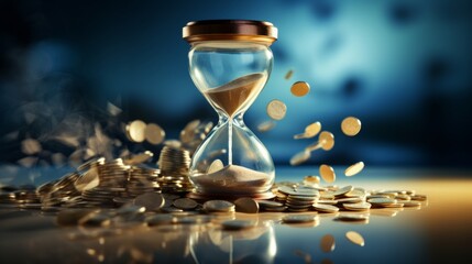 Hourglass with coins on blue background, long-term investment and savings concept