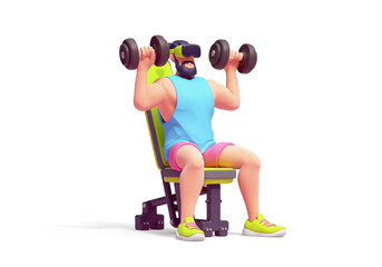 Young cute smiling bearded brunette man in VR glasses wears sportswear, pink shorts, blue tank top, green sneakers trains with dumbbells in hands, sits on weight bench. 3d render isolated transparent.