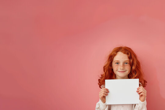 fillette, jeune fille de 6 ans, rousse avec des taches de rousseur habillée en rose, qui tient dans ses mains devant elle une pancarte blanche vierge, sur fond couleur vieux rose avec copyspace