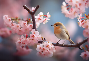 petit oiseau des campagnes, rouge-gorge posé sur la branche d'un cerisier en fleur. Fond avec espace négatif copyspace. - obrazy, fototapety, plakaty