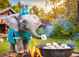 Kid elephant roasting marshmallows over a glowing campfire