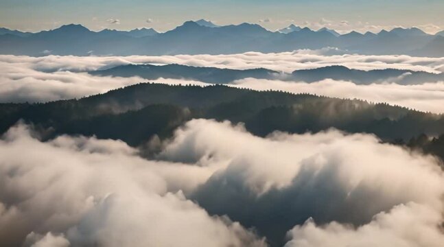 Clouds of fog move slowly across the mountains
