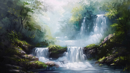 Fototapeta na wymiar Oil painting of a waterfall in the park ..