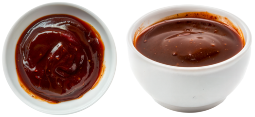white bowl with barbecue sauce with tomatoes, vinegar, molasses, brown sugar, Worcestershire sauce, and spices, isolated on a transparent background