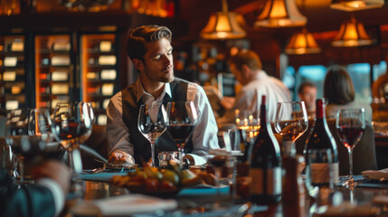 A blurred-faced man is dining at a table in a fancy restaurant with various wine glasses
