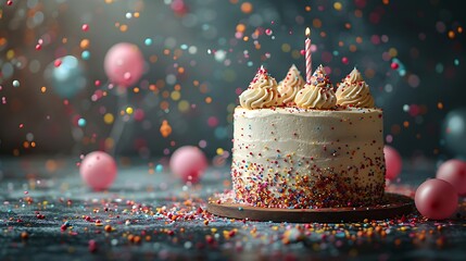 Copy space birthday cake, the confetti, balloon, and gift box, luxury funny background AI image Generative - Powered by Adobe