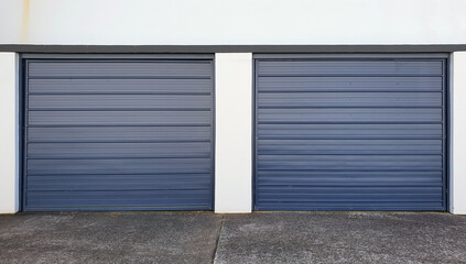 two single garage doors grey color corrugated metal on white building