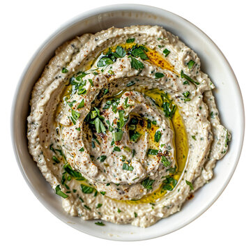 Top view of a white bowl with a baba ganoush dip isolated on a transparent background