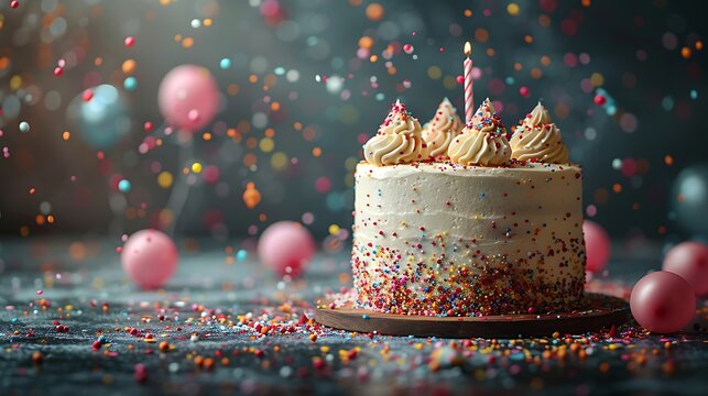 Copy space birthday cake, the confetti, balloon, and gift box, luxury funny background AI image Generative
