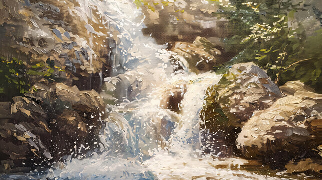 Oil painting of a waterfall in the park ..