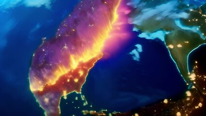 visualization of Earth's crustal break, highlighting tectonic plate boundaries with vivid orange and golden tones against deep blue of ocean, illustrating geological processes and continental drift