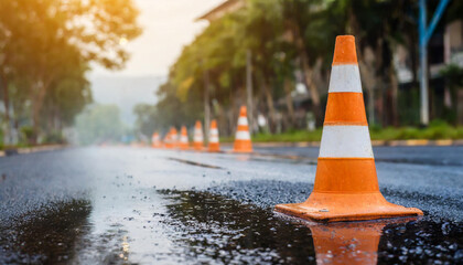 Safety orange cone on wet asphalt after rain. Plastic traffic cone. Road maintenance work.