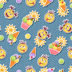 Funny seamless denim pattern with stickers with ice cream, emoji kids, sun icon. Detailed texture of blue jeans fabric on background. Summer design.