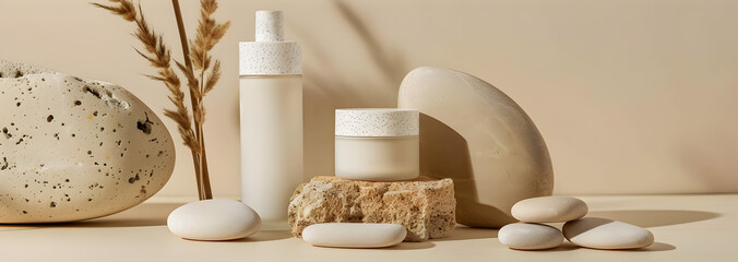 Skin care concept - display of different cosmetics products with natural elements and stones - 758716672