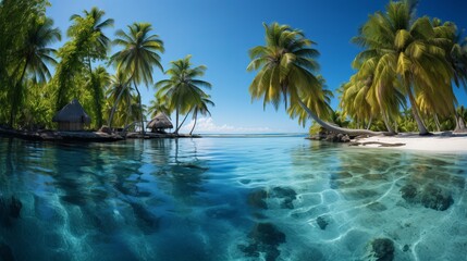 Tropical paradise. Exotic island destination with palm trees for relaxation and adventure - obrazy, fototapety, plakaty