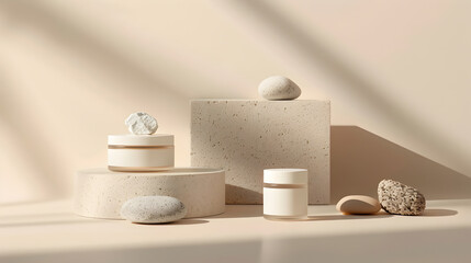 Skin care concept - display of different cosmetics products with natural elements and stones