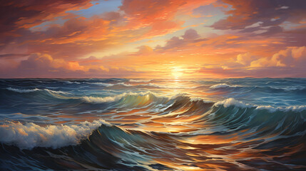 Oil painting on canvas. Sunset on the sea ..