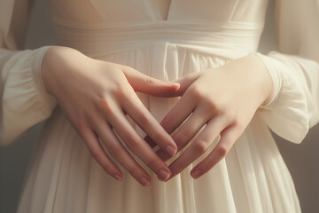 Close-up of elegant hands forming a heart shape over a cream-colored dress, symbolizing love and care.

