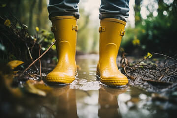 Close-up of vibrant yellow rain boots standing in a muddy puddle, reflecting the playful nature of a rainy day.
 - obrazy, fototapety, plakaty