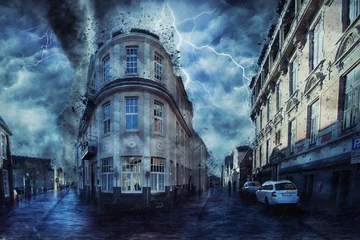 Fotobehang Lightning crackles ominously over the city, illuminating the urban landscape with its brilliant flashes, casting a surreal and dramatic glow over the bustling streets below. © bui