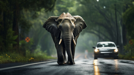 A elephant crosses an asphalt road in the green forest with a blurred car in the background,  highlighting the delicate interaction between wildlife and human infrastructure