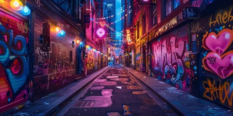 Neon love blooms in a graffiti-laden alley infusing urban charm with vibrant hearts