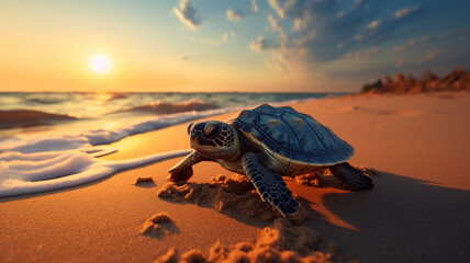 A turtle on the sand at sunright