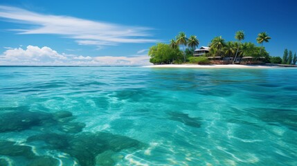 Fototapeta na wymiar Tropical paradise island beach vacation destination - white sand, clear blue waters, palm trees