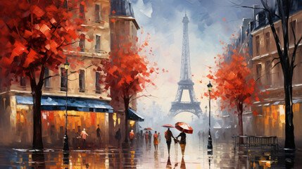 Oil painting on canvas street view of Paris. Artwork. - obrazy, fototapety, plakaty