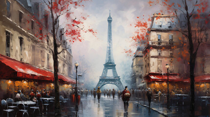 Oil painting on canvas street view of Paris. Artwork.