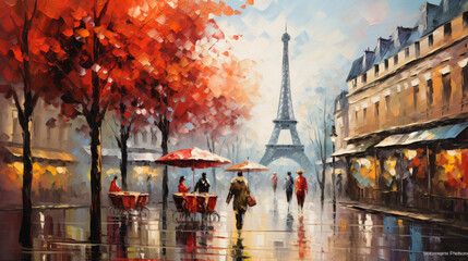 Oil painting on canvas street view of Paris. Artwork. - obrazy, fototapety, plakaty