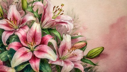 Różowe lilie na różowym tle. Kwiatowa retro tapeta, tło, ilustracja - obrazy, fototapety, plakaty