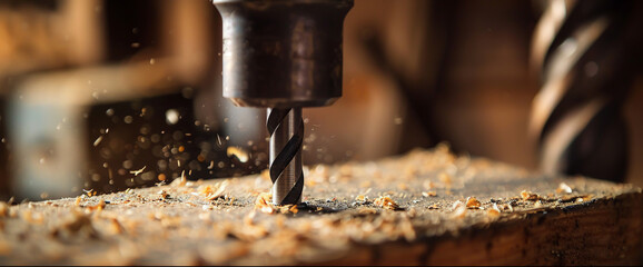 A drill bit is being used to make a hole in a piece of wood - obrazy, fototapety, plakaty