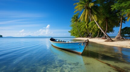 Naklejka na ściany i meble Tropical beach paradise with boat, exotic destination for summer vacation and travel concept