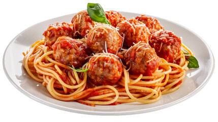 Meatball Marinara Spaghettion a plate isolated on transparent png background. Generative ai 