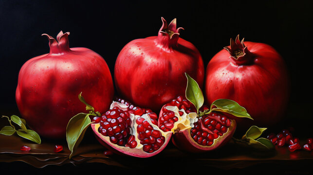 Oil painting red pomegranates. Ripe pomegranates