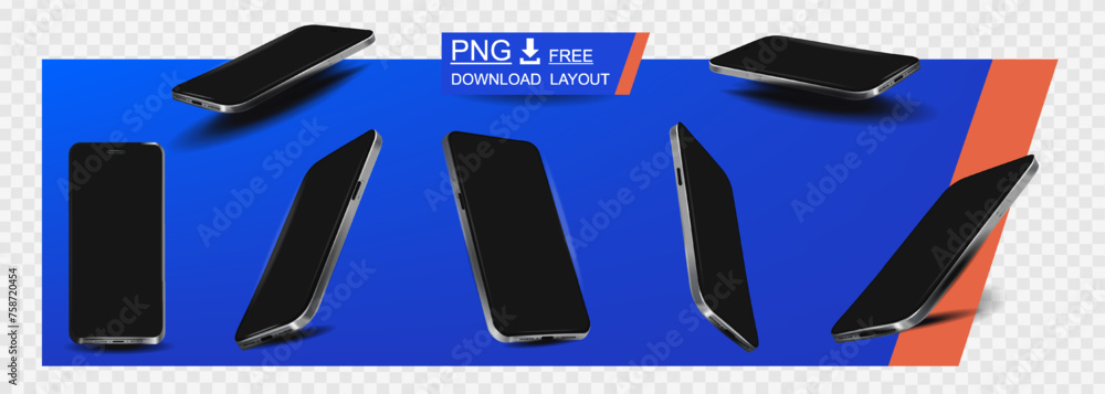 Poster free set of stylish new model smartphones with a blank screen on transparent background. large colle