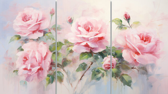 Oil painting with flower rose leaves. Botanic print background