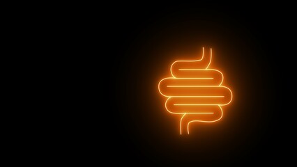 Neon glowing Intestine human icon. Neon healthy digestion logo, healthy digestive system sticker. Intestinal inflammation icons, abdominal pain, constipation, intestinal appendicitis. - obrazy, fototapety, plakaty