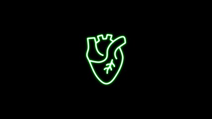 Neon abstract green human heart, cardiac muscle line and silhouette color icon. 3D realistic isolated human heart. Green neon human heart on black background. Neon human heart medical structure. - obrazy, fototapety, plakaty