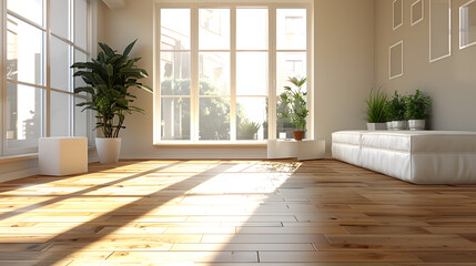 A spacious living room in a building with wooden flooring, abundant natural light from the windows, and a serene ambiance