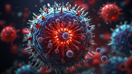 virus closeup in a red and blue environnement - Powered by Adobe